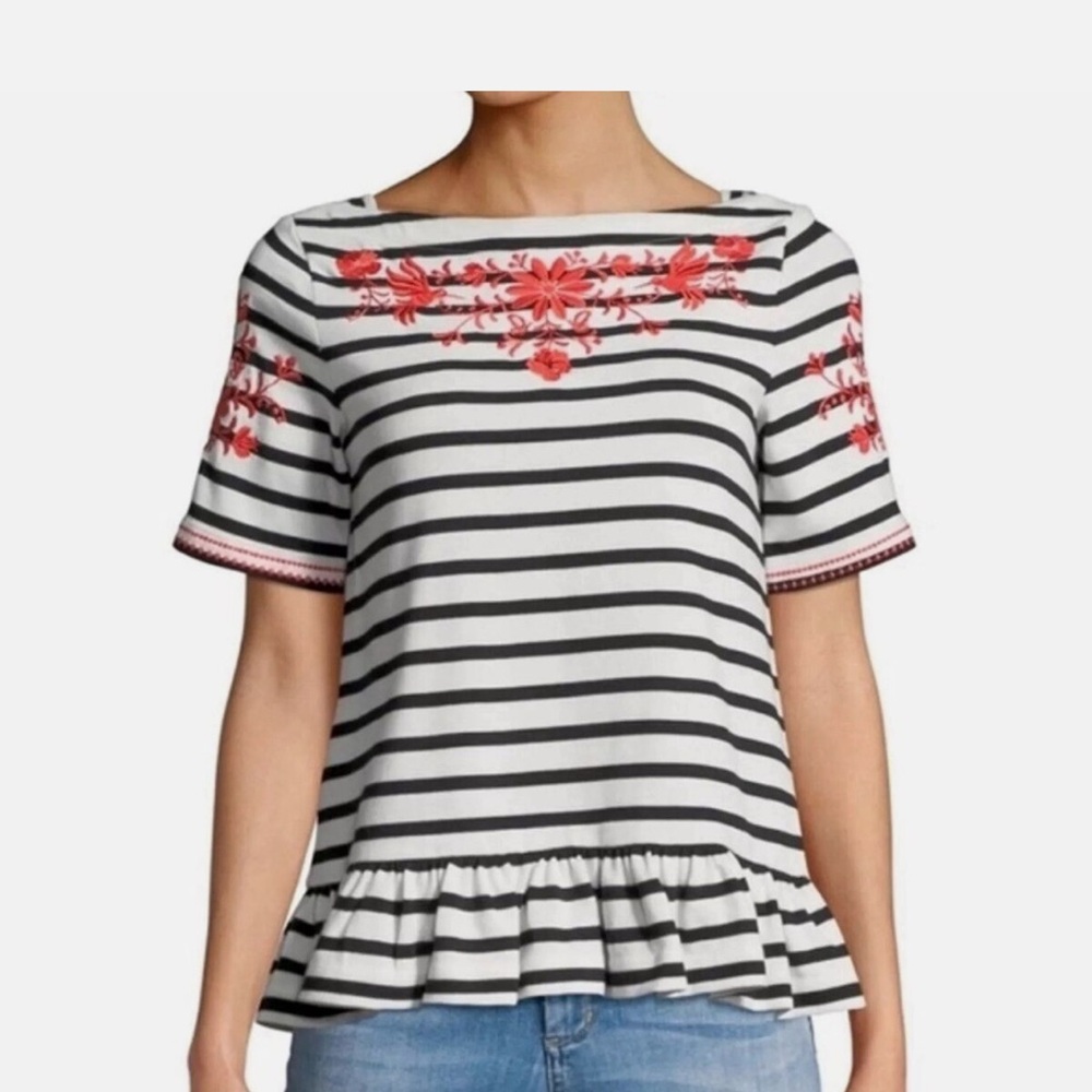 KATE SPADE Embroidered Stripe Ruffle Top size M